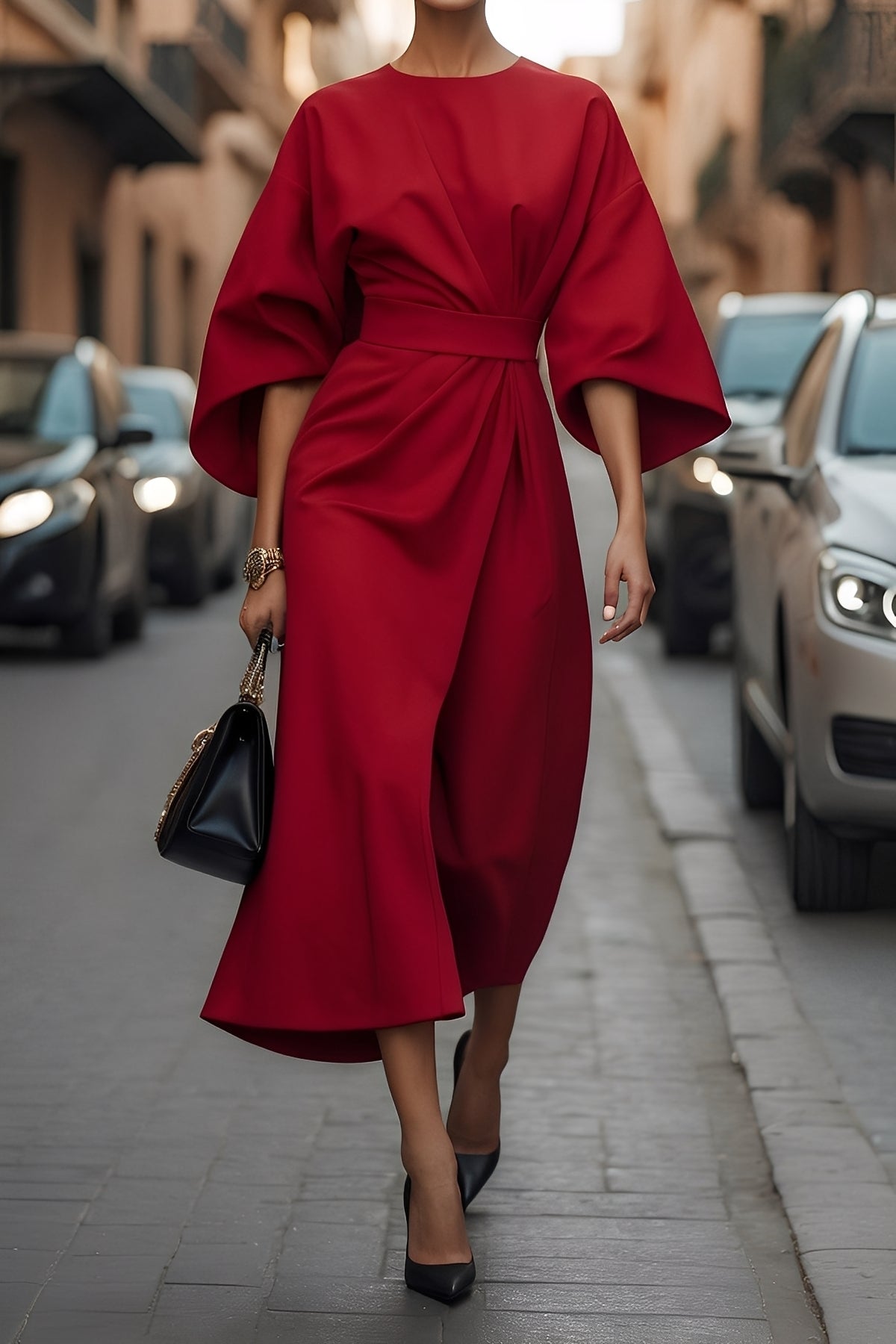 Nicole - Elegante Vestido Midi com Mangas Lanterna para Mulheres