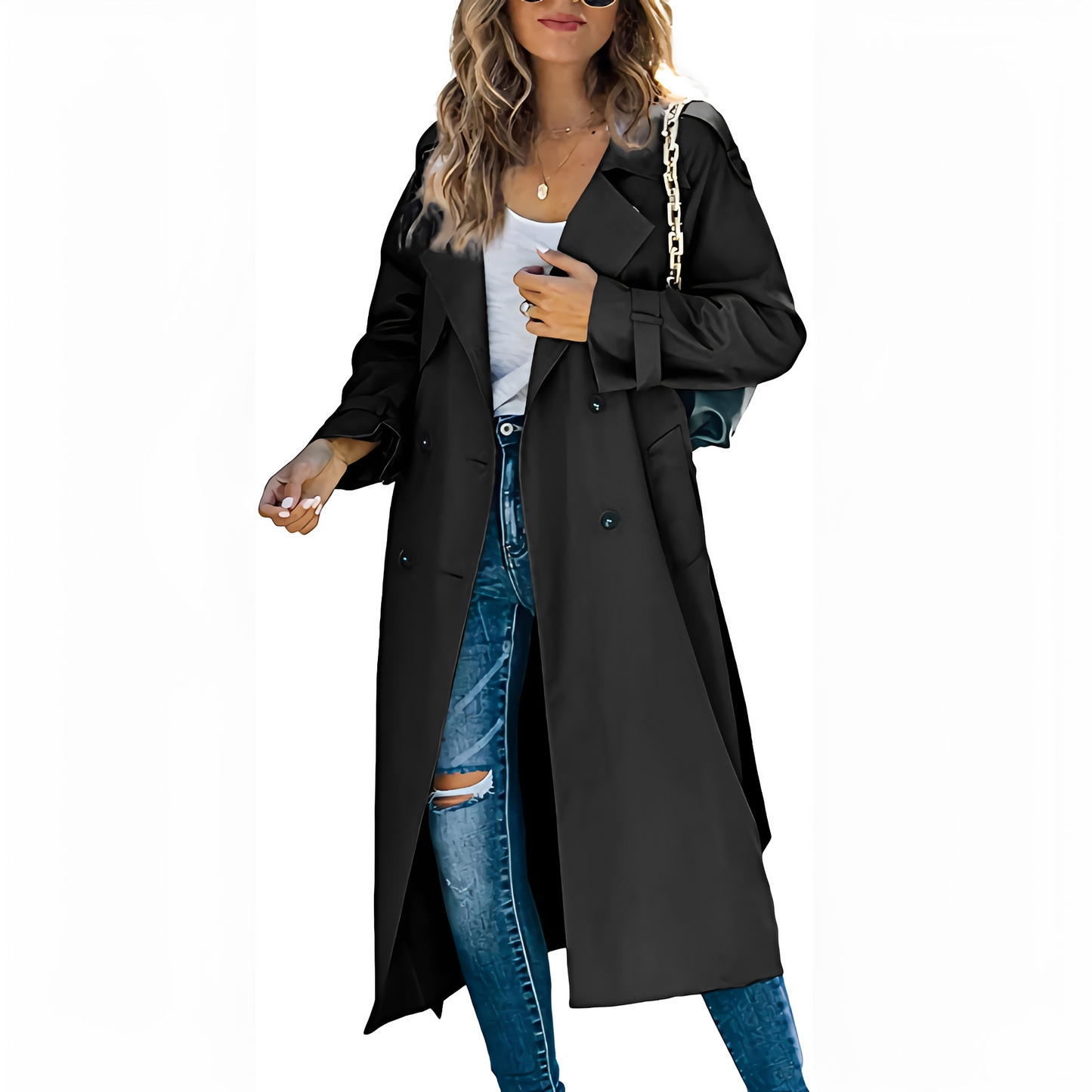 Jodie - Elegant long double-breasted raincoat for women