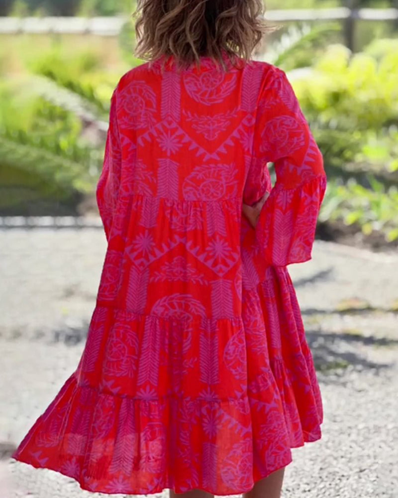 Mia – Vestido com mangas estampa boho geométrica