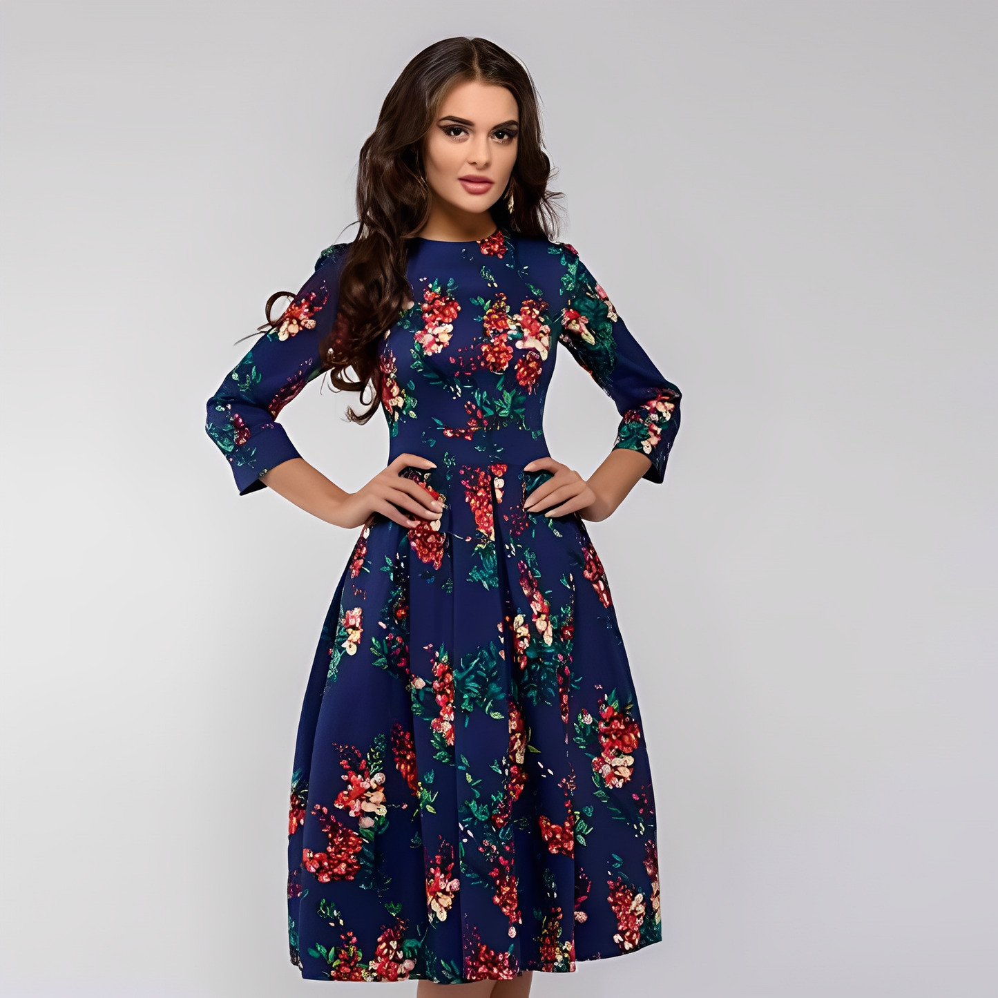 Elisabeth - Elegant long-sleeved dress with floral pattern for women