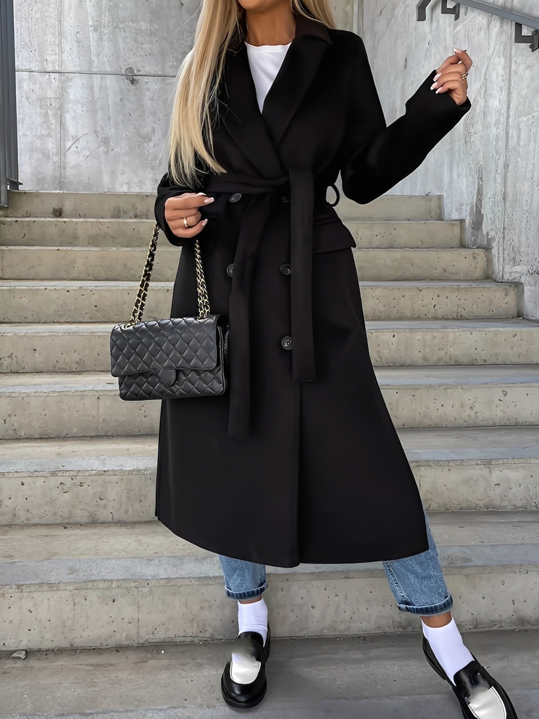 Suzanne - Casaco clássico de duas filas com cinto para mulheres