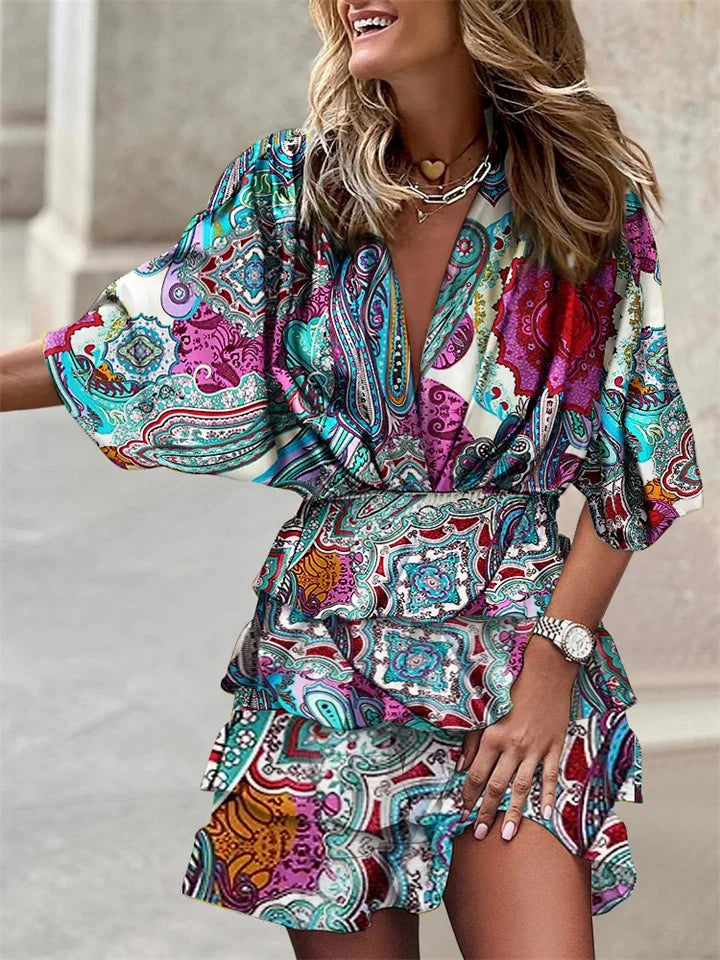 Liora – Vestido Floral com Decote V e Babados