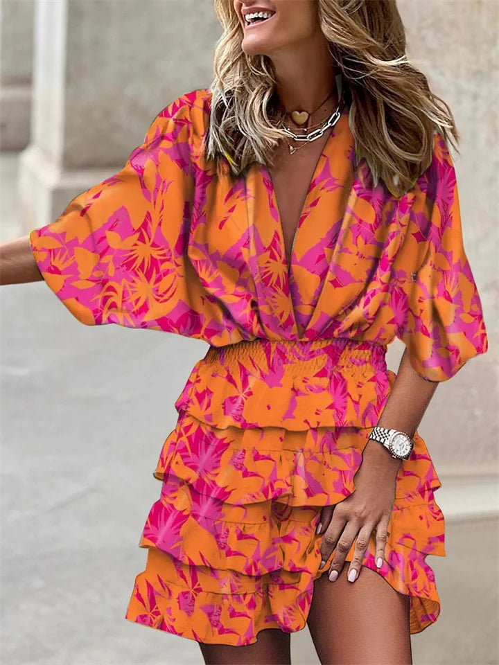 Liora – Vestido Floral com Decote V e Babados