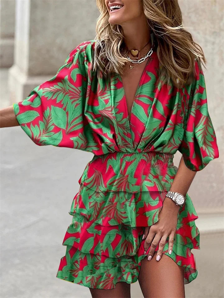 Liora – Vestido Floral com Decote V e Babados
