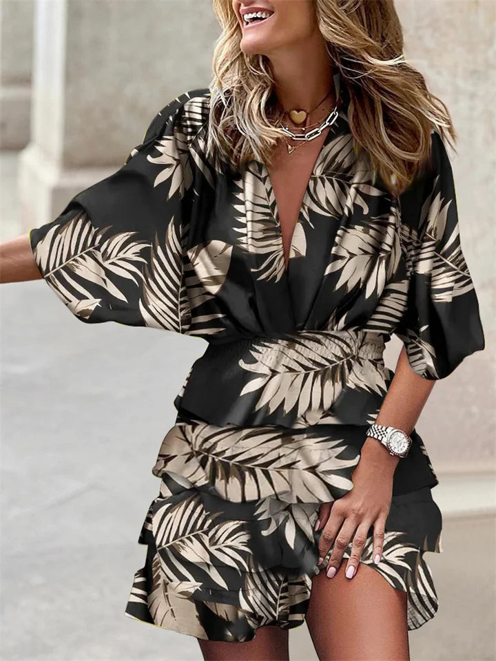 Liora – Vestido Floral com Decote V e Babados