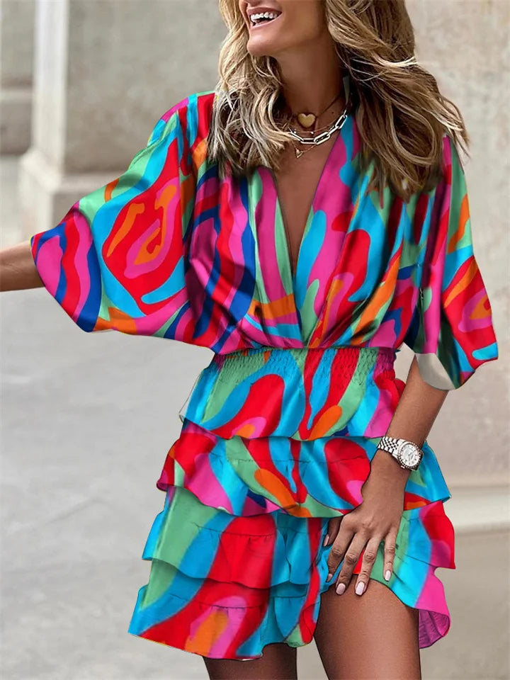 Liora – Vestido Floral com Decote V e Babados
