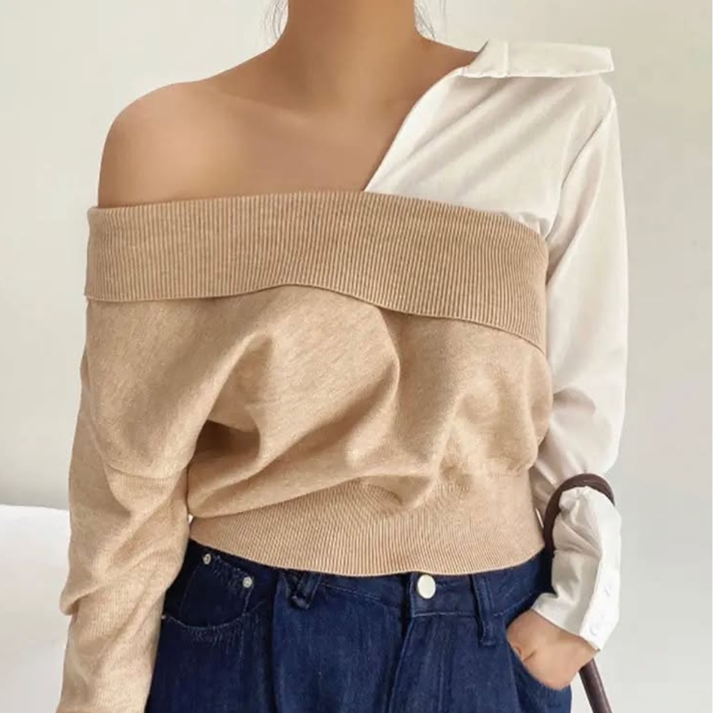 Blusa Assimétrica Ombro a Ombro com Contraste