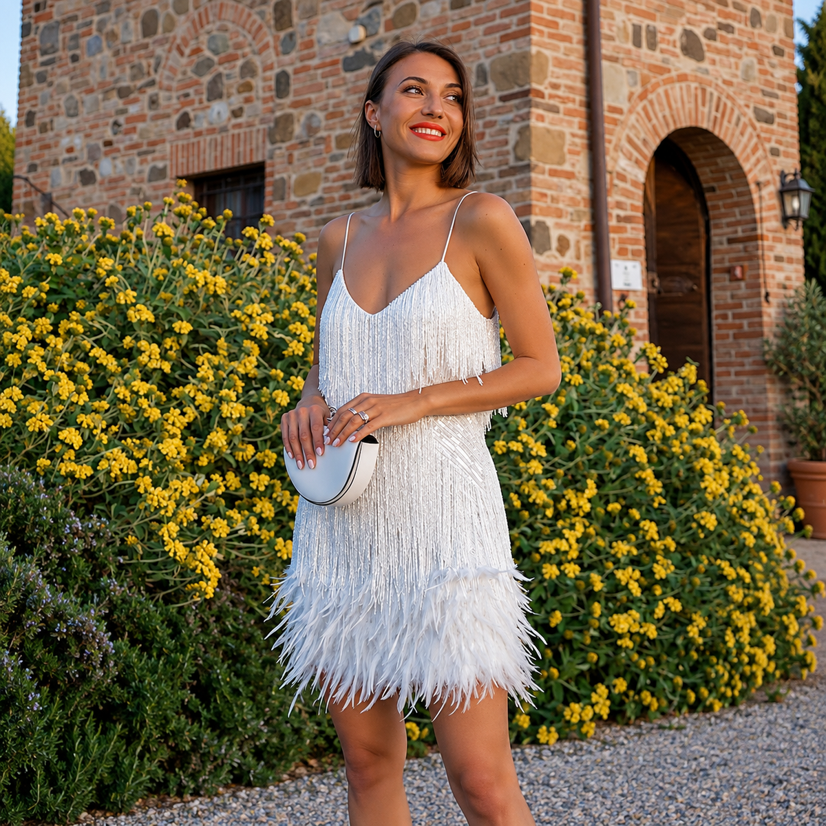 Mary - Elegante Vestido Curto de Festa com Penas