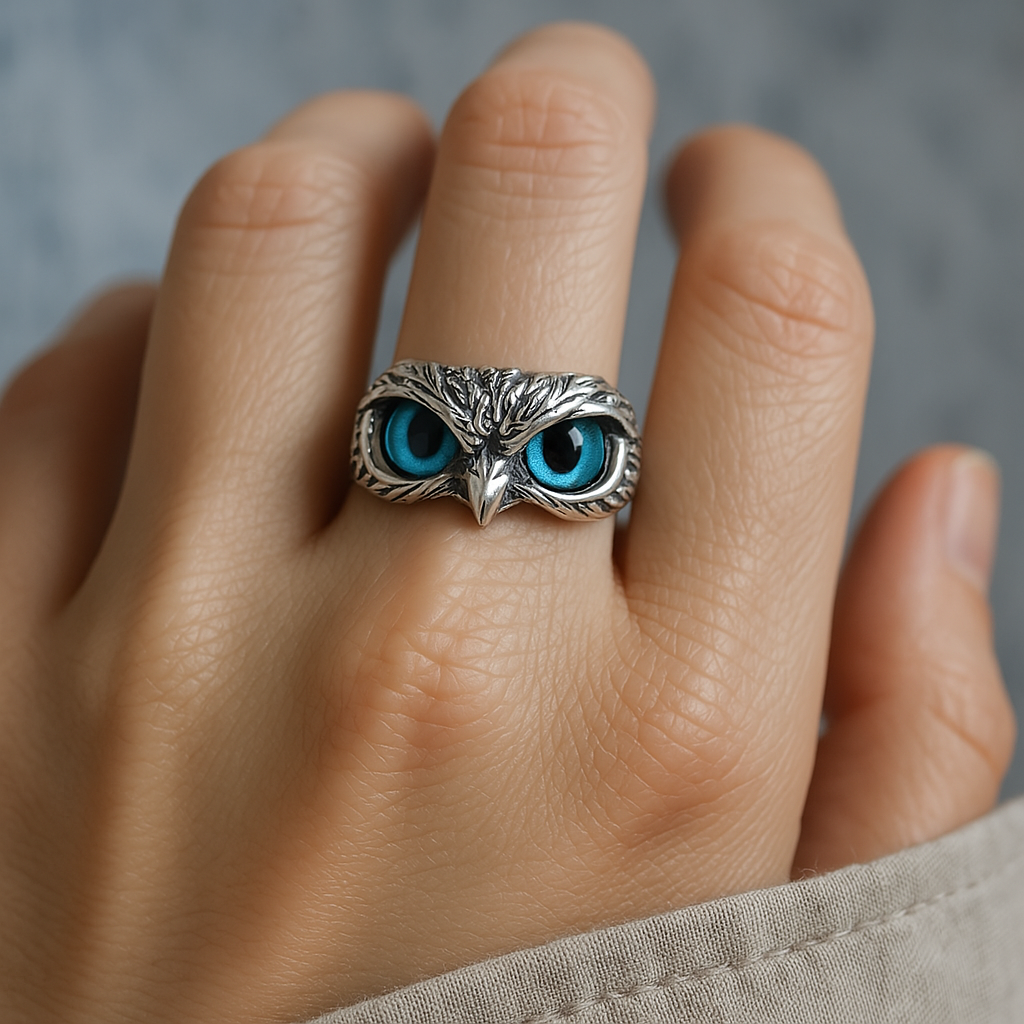 Brianna – Bague ajustável da sorte com coruja em prata e opala
