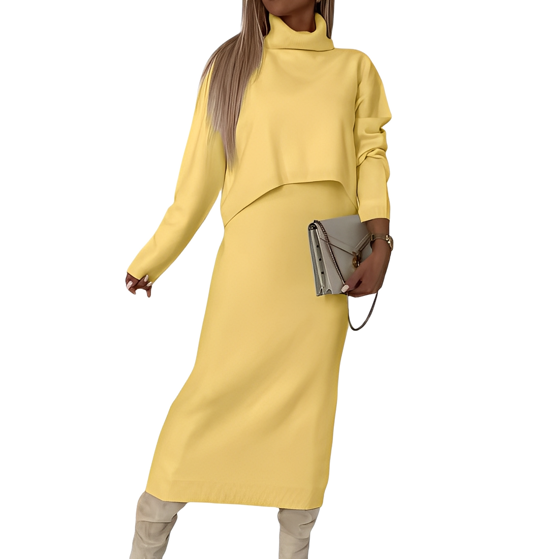 Natalee - Conjunto elegante de suéter de gola alta e saia para mulheres