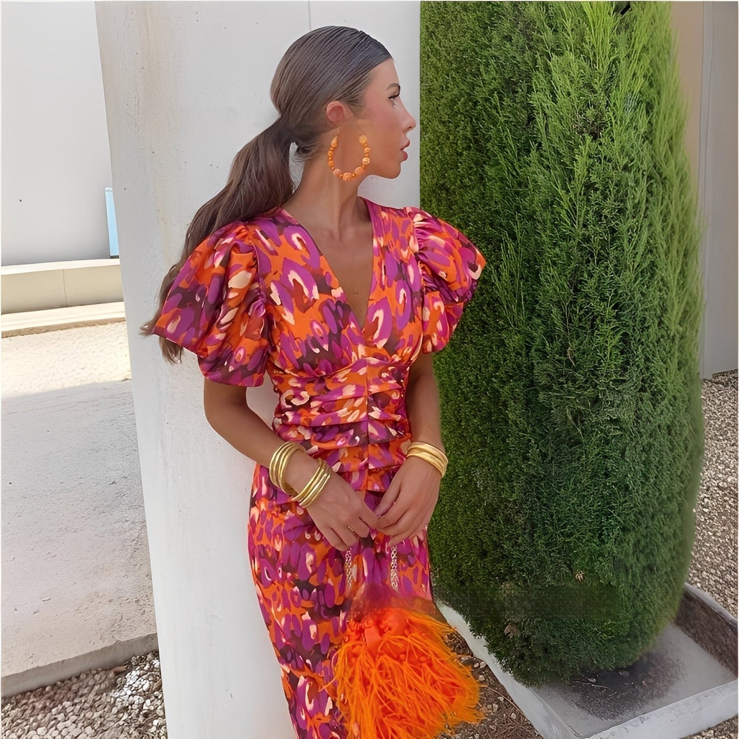 Gaëlle - Vestido colorido com mangas plissadas para mulher