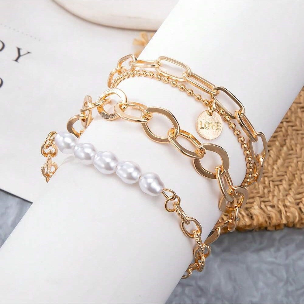 Conjunto de bracelete de pérolas douradas de 3 peças - grande conjunto de correntes