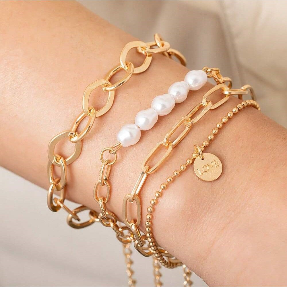 Conjunto de bracelete de pérolas douradas de 3 peças - grande conjunto de correntes