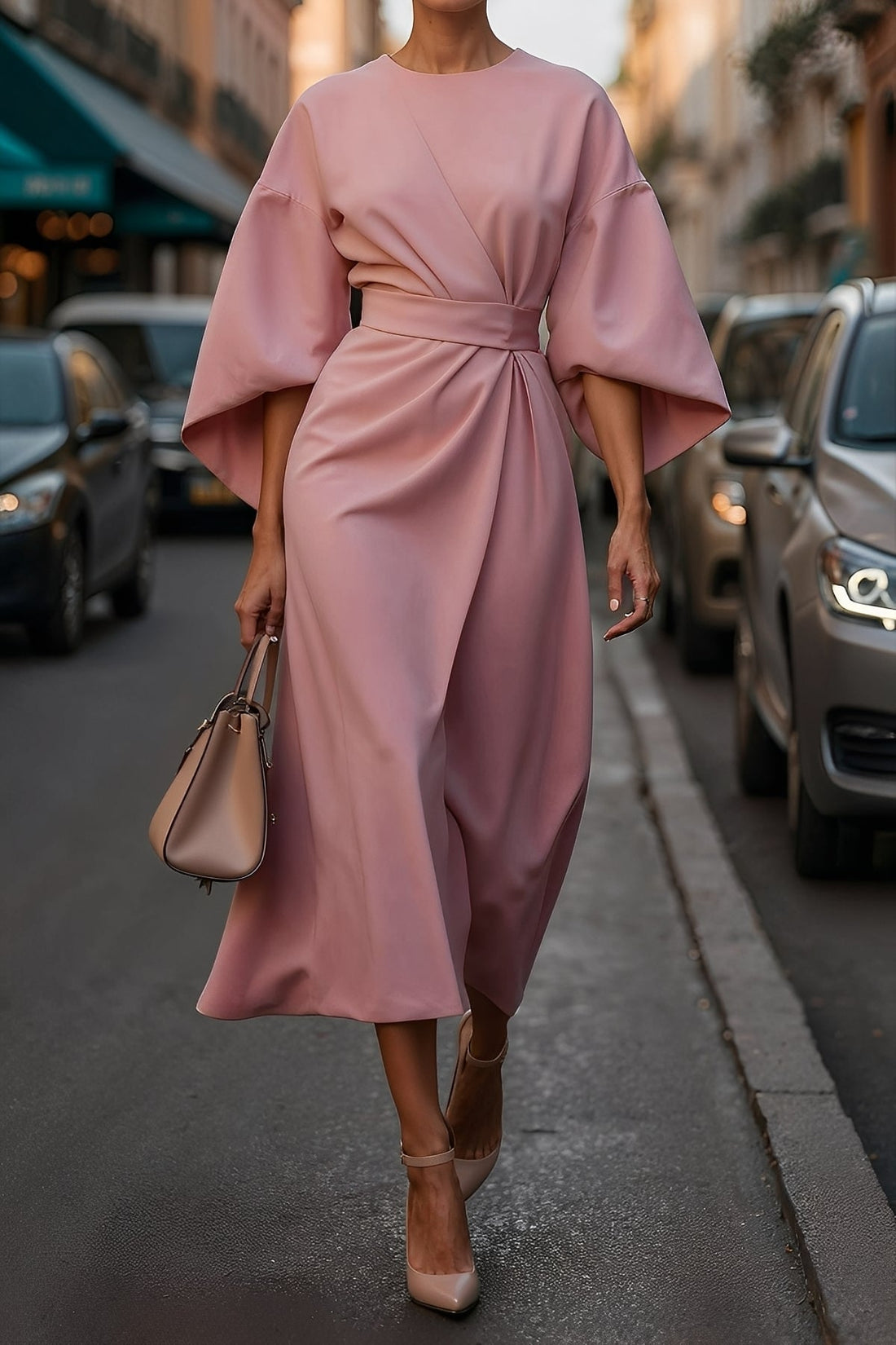 Nicole - Elegante Vestido Midi com Mangas Lanterna para Mulheres