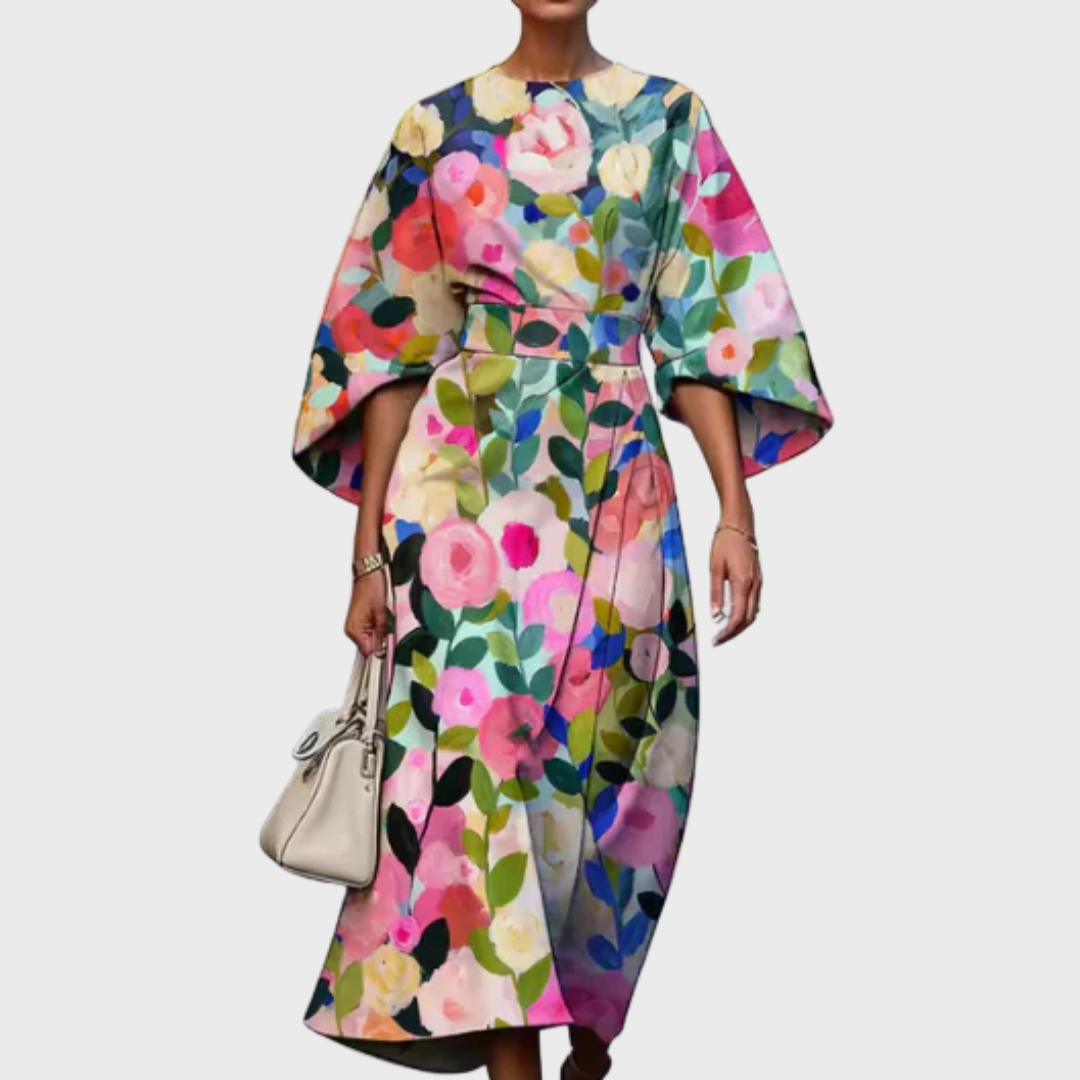 Reina - Vestido Midi Floral com Cintura Marcada