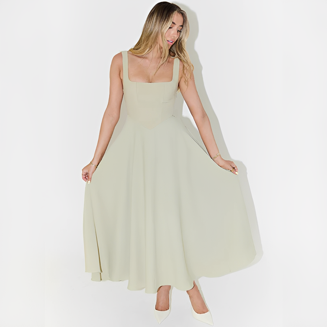 Fioren - Vestido Midi Elegante com Decote Quadrado
