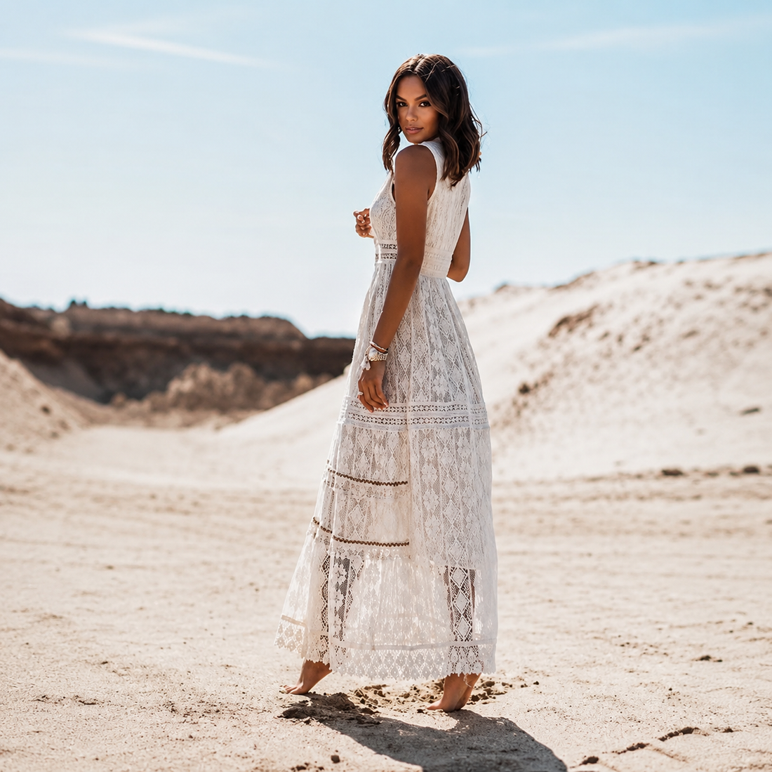 Flossie - Vestido Longo Elegante com Decote em V e Cintura Alta