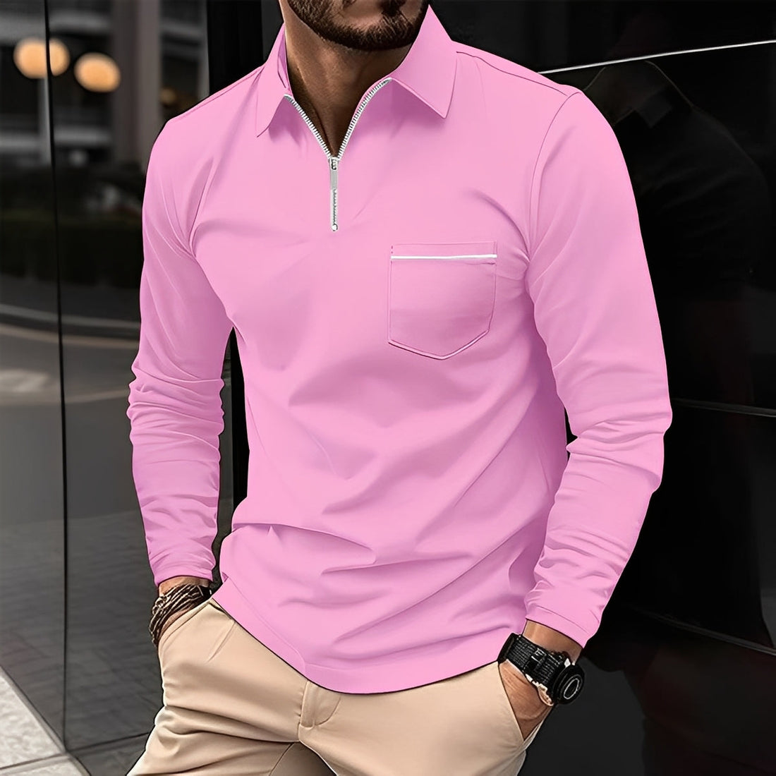 Florent - Camisa polo masculina de manga comprida com zíper