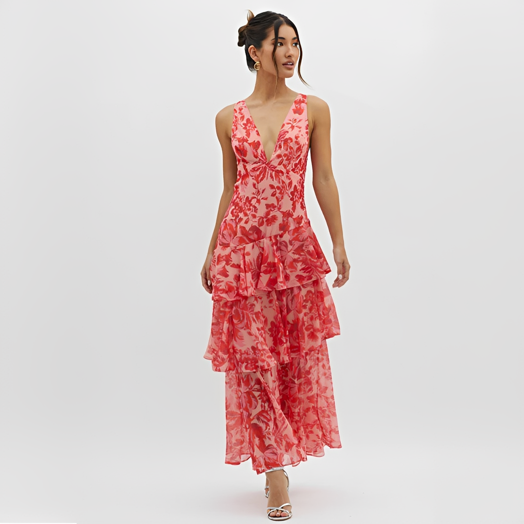 Faye - Vestido Estiloso Fluido Sem Costas com Decote em V