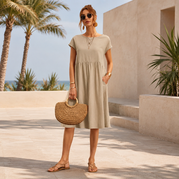 Shamzi - Vestido Midi Elegante com Gola Redonda