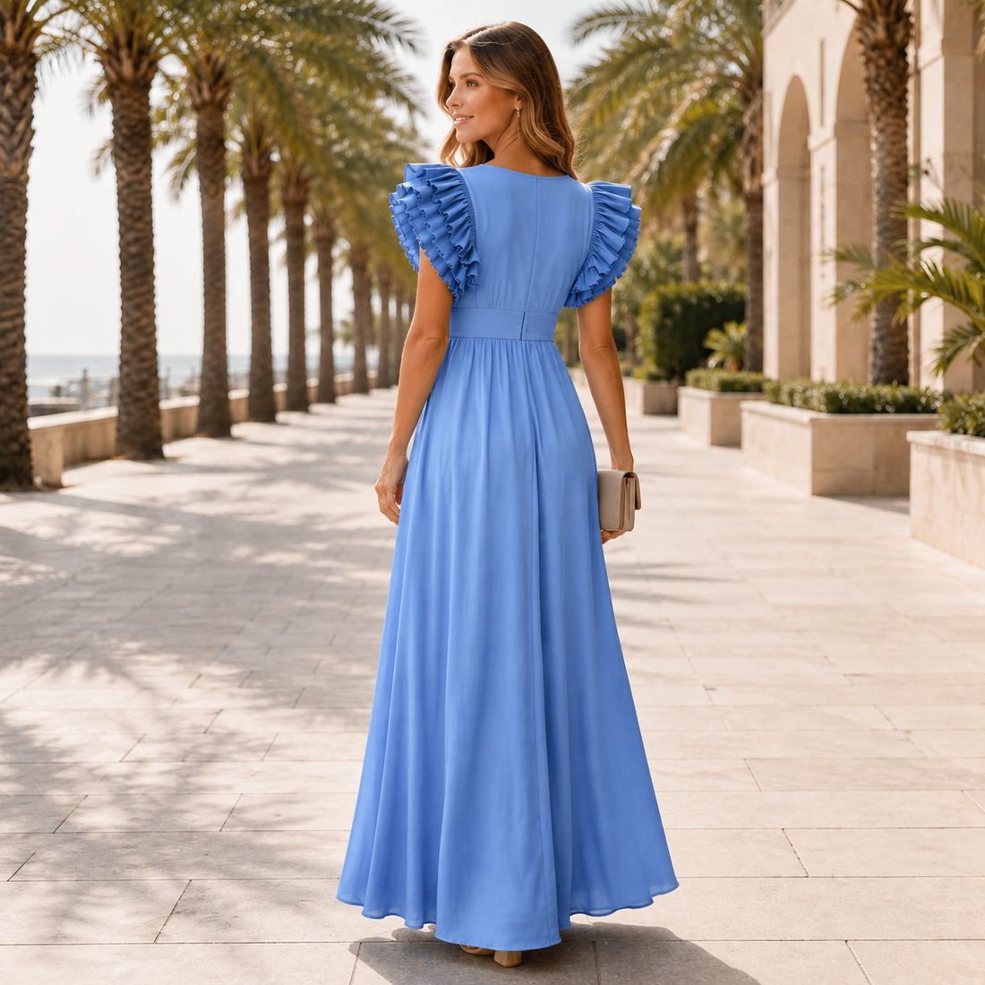 Zhallie - Vestido Maxi Elegante com Mangas de Babados