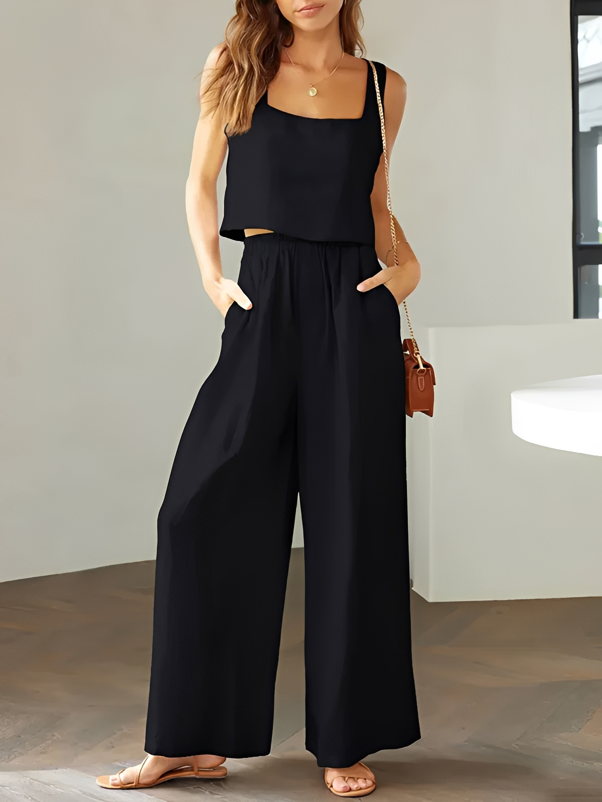 Pia - Conjunto de Lazer com Blusa de Decote Quadrado e Calças