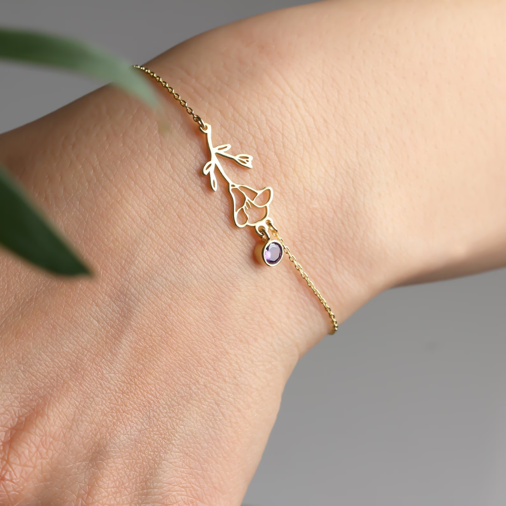 Bracelet de Festa de Aniversário - Bracelet com Pedra de Nascimento e Flor