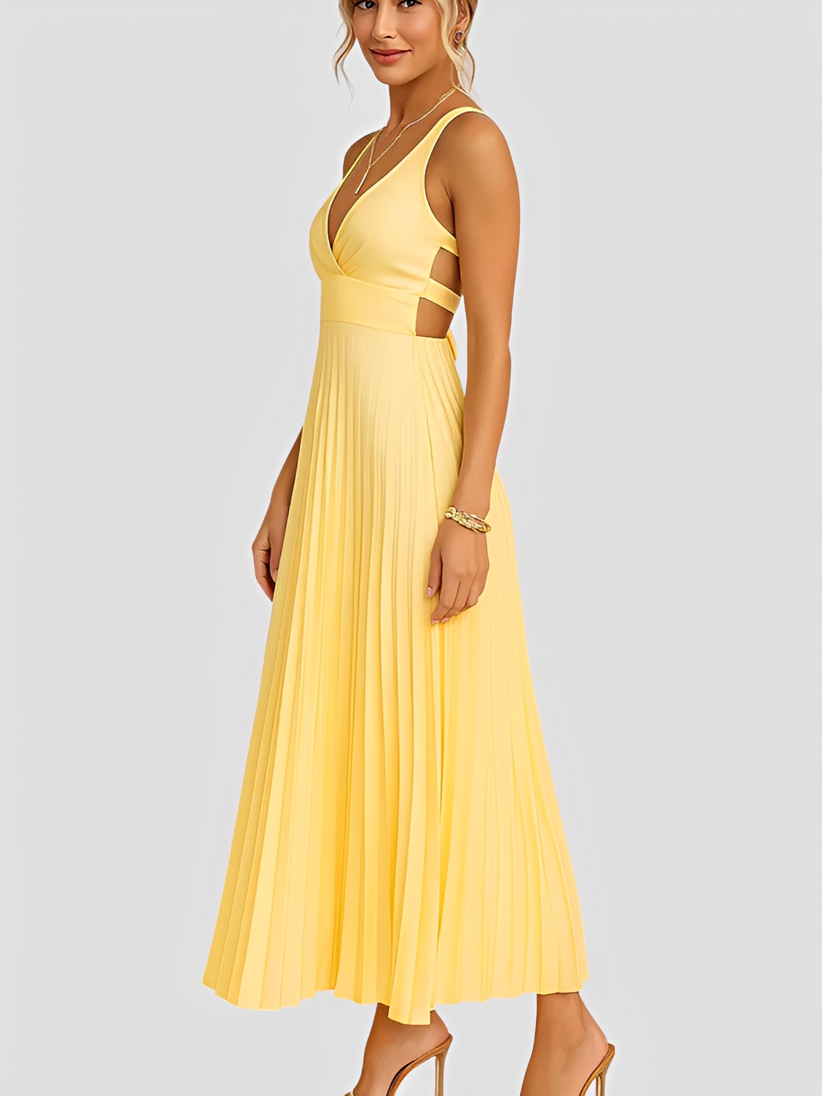 Anjanae - Vestido Elegante Plissado com Decote em V