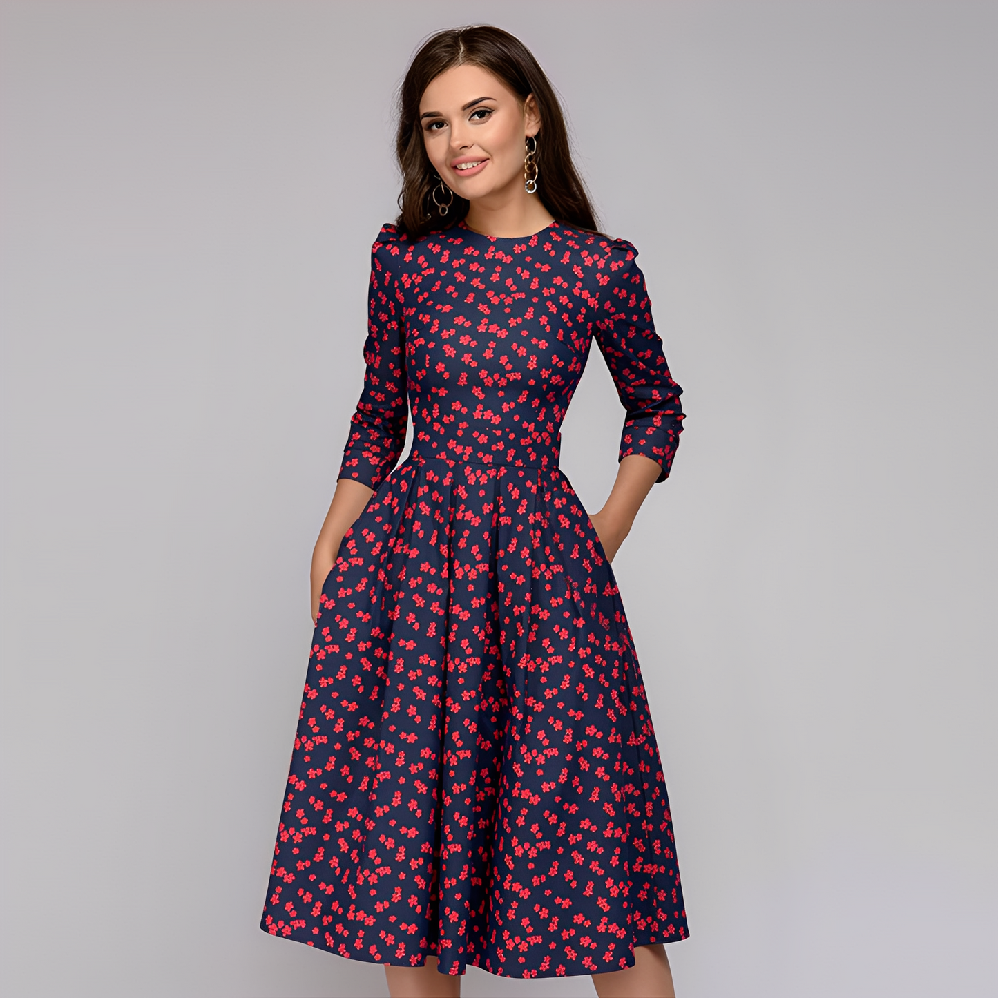 Elisabeth - Elegant long-sleeved dress with floral pattern for women