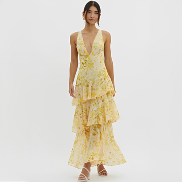 Faye - Vestido Estiloso Fluido Sem Costas com Decote em V