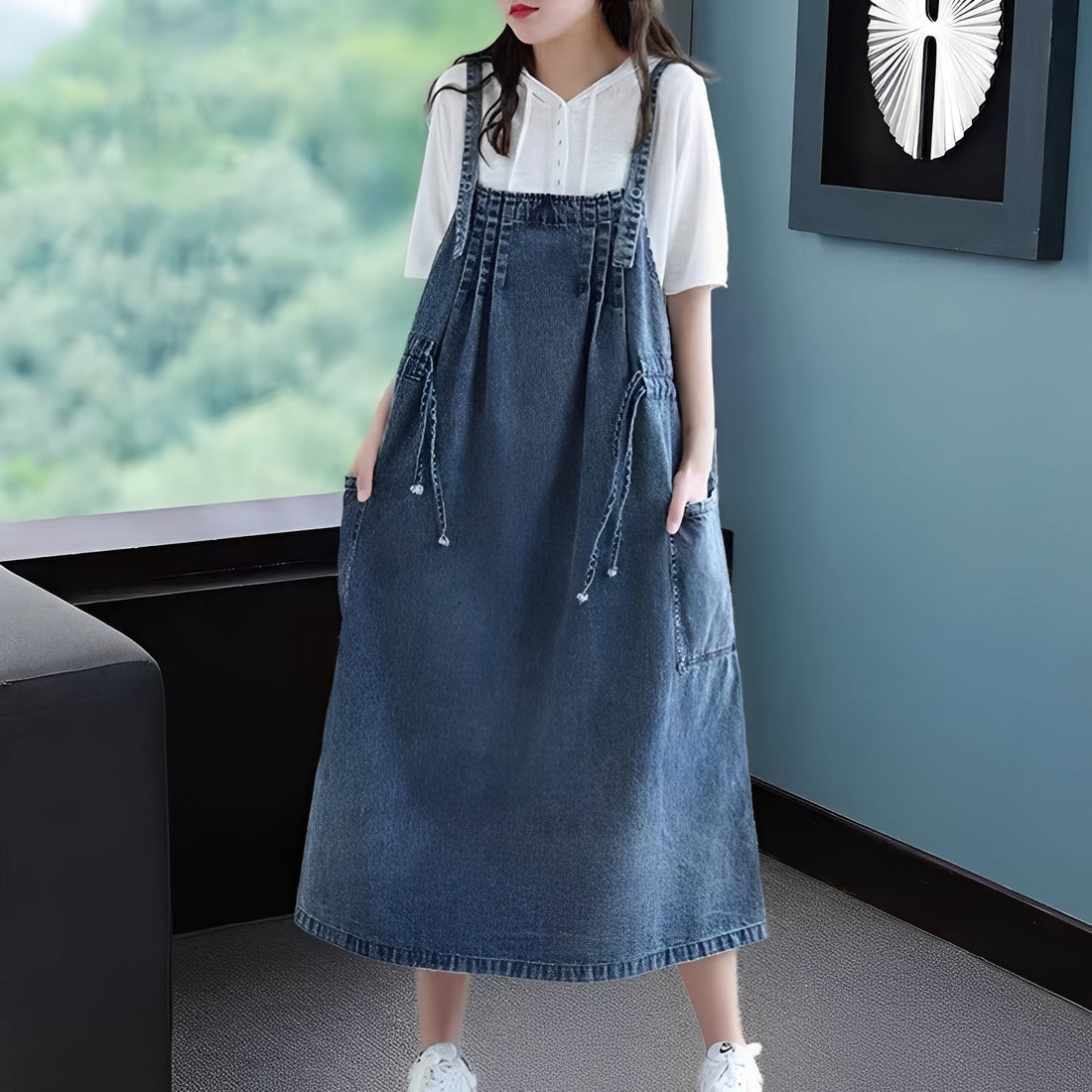 Antonia - Vestido jeans elegante em tamanho grande com bolsos para mulheres