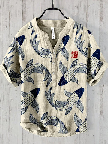 Ogie - Camisa Casual com Estampa de Peixe Vintage
