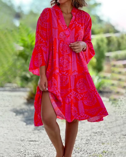 Mia – Vestido com mangas estampa boho geométrica