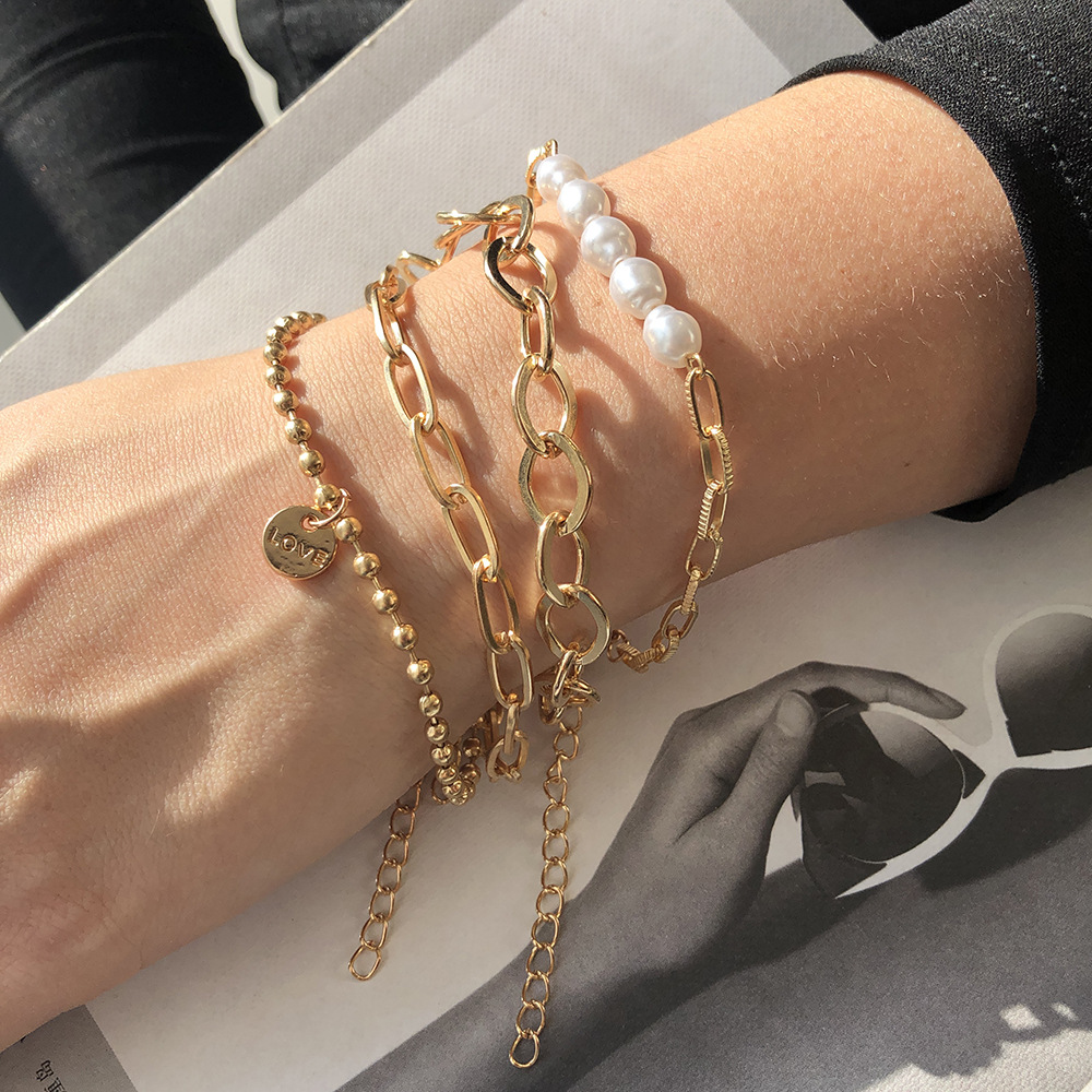 Conjunto de bracelete de pérolas douradas de 3 peças - grande conjunto de correntes