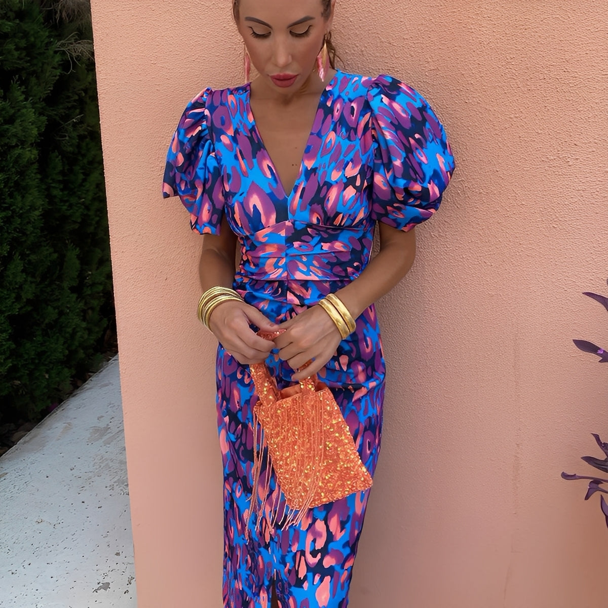 Gaëlle - Vestido colorido com mangas plissadas para mulher