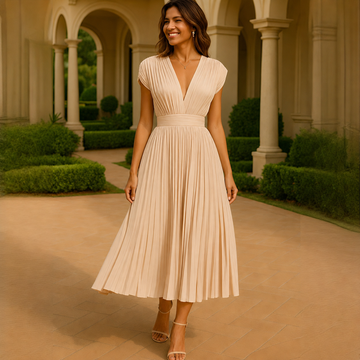 Elvira - Vestido Midi Elegante Plissado com Decote em V