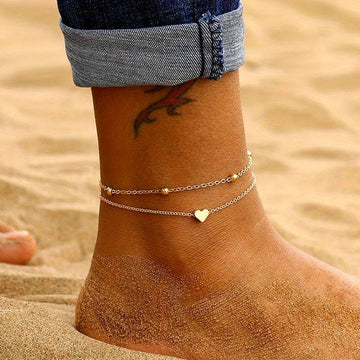 Mini bracelete de tornozelo em forma de coração - Bracelete de amor a dupla camada