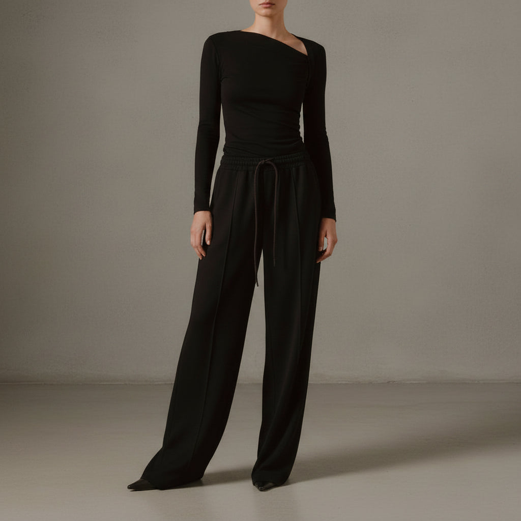 Selina – Blusa de Manga Longa Asimétrica e Canelada