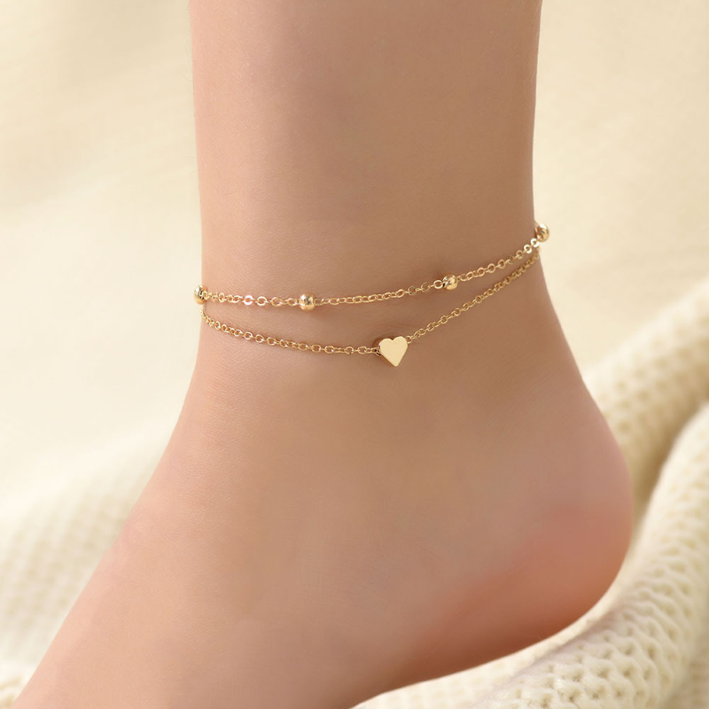 Mini bracelete de tornozelo em forma de coração - Bracelete de amor a dupla camada