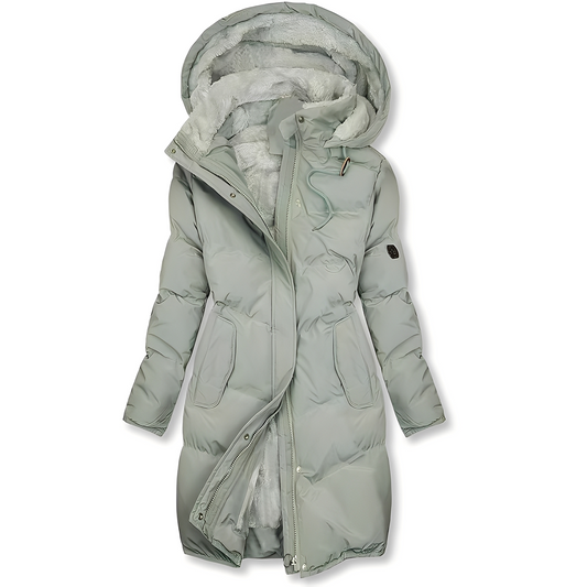 Stephanie - Modern, padded cashmere coat with hood for women