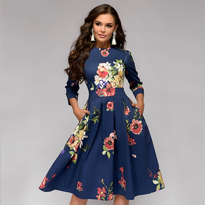 Elisabeth - Elegant long-sleeved dress with floral pattern for women