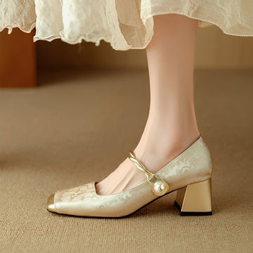 Rhonda - Elegantes sapatos de salto bloco de luxo com relevo para mulheres