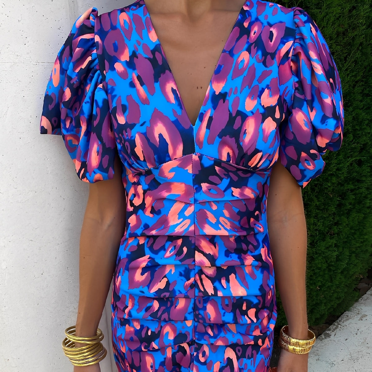 Gaëlle - Vestido colorido com mangas plissadas para mulher