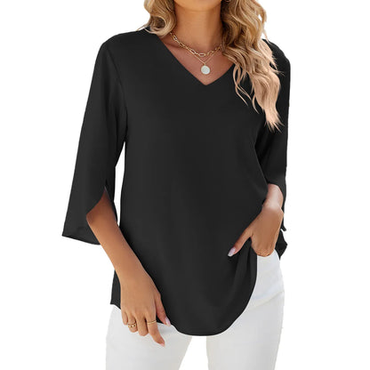 Caetana – Blusa em chiffon com mangas curtas e decote em V