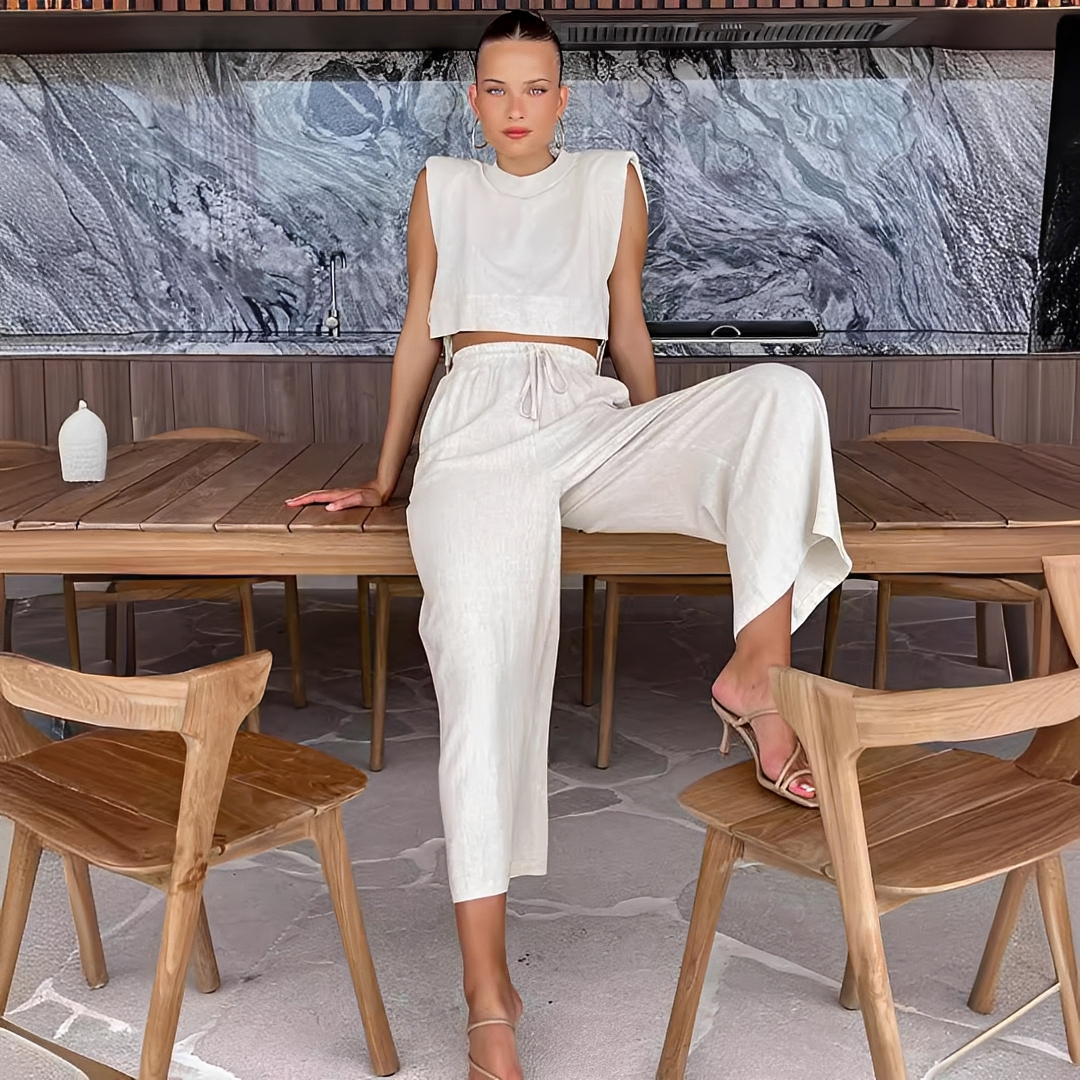 Meavel - Conjunto de calças de perna larga e top na moda