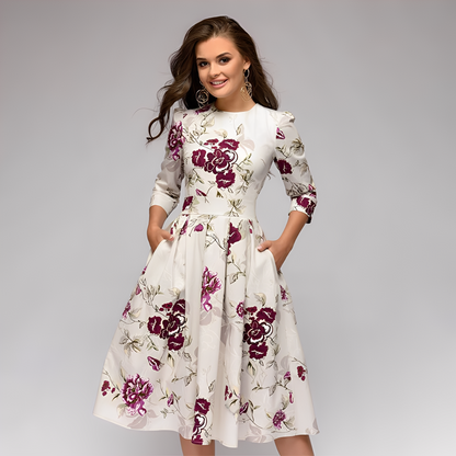 Elisabeth - Elegant long-sleeved dress with floral pattern for women
