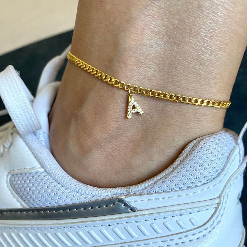 Tornozeleira com Inicial - Bracelete de tornozelo com sua inicial