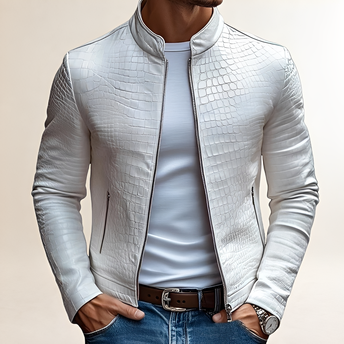 Jaqueta masculina slim fit com zíper, colarinho alto e design texturizado