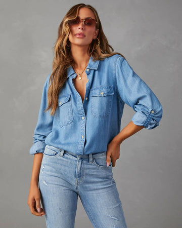 Susan - Camisa retrô de denim com gola de lapela para mulheres