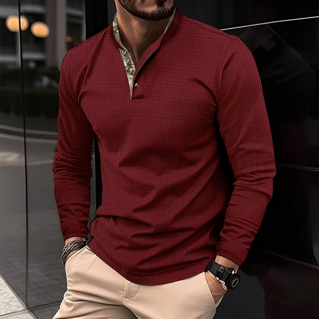 Crofton - Elegante Camisa Polo de Manga Longa com Padrão de Waffle para Homens